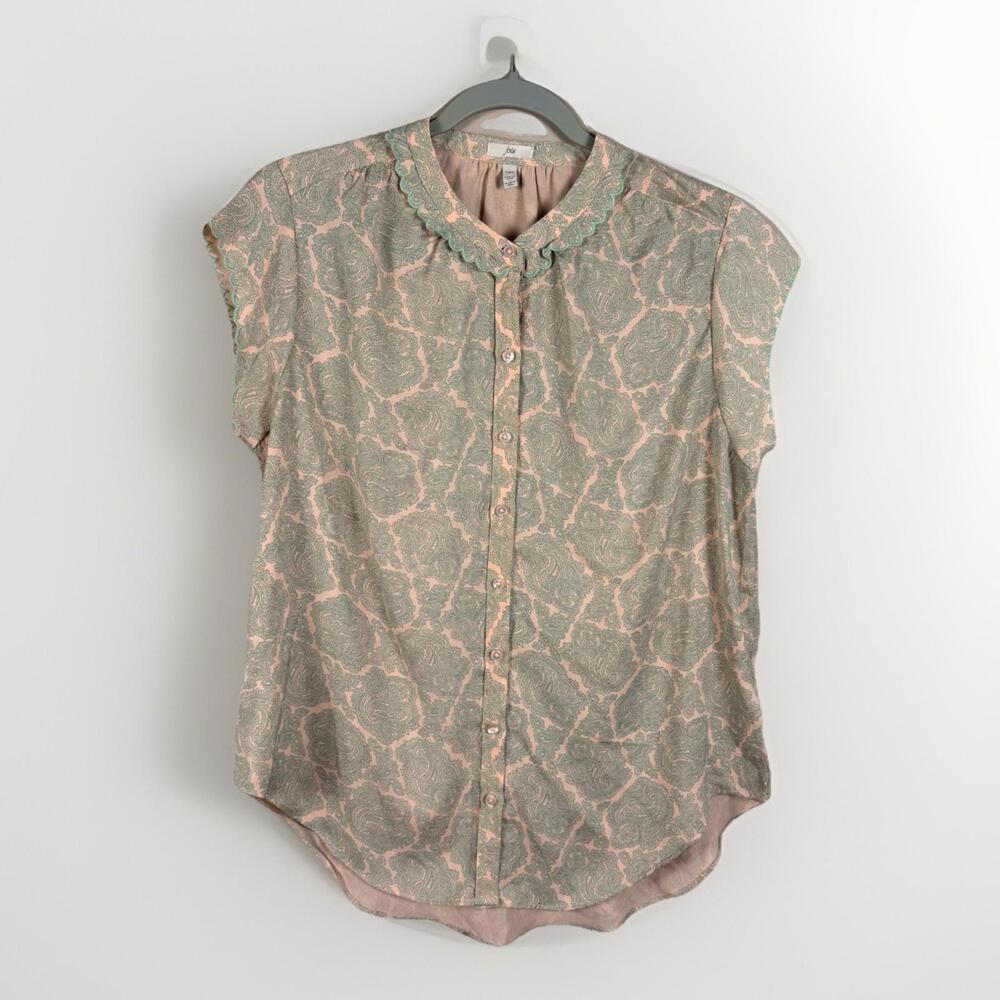 Joie Pink Green Paisley Ruffle Collar Chiffon Button Blouse Regular Fit M